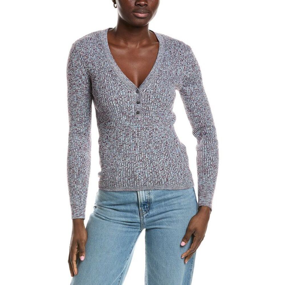 Minnie Rose Womens  Cashmere-Blend Rib Marled Henley Cardigan, Blue
